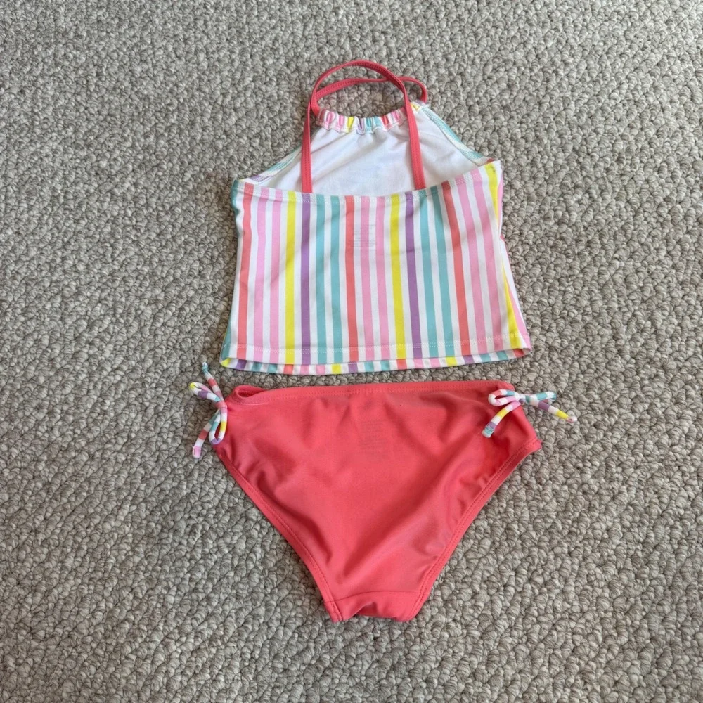 Mia & Miles Girls Rainbow Stripe Tankini Two Piece Swimsuit‎ Coral Pink Size 6